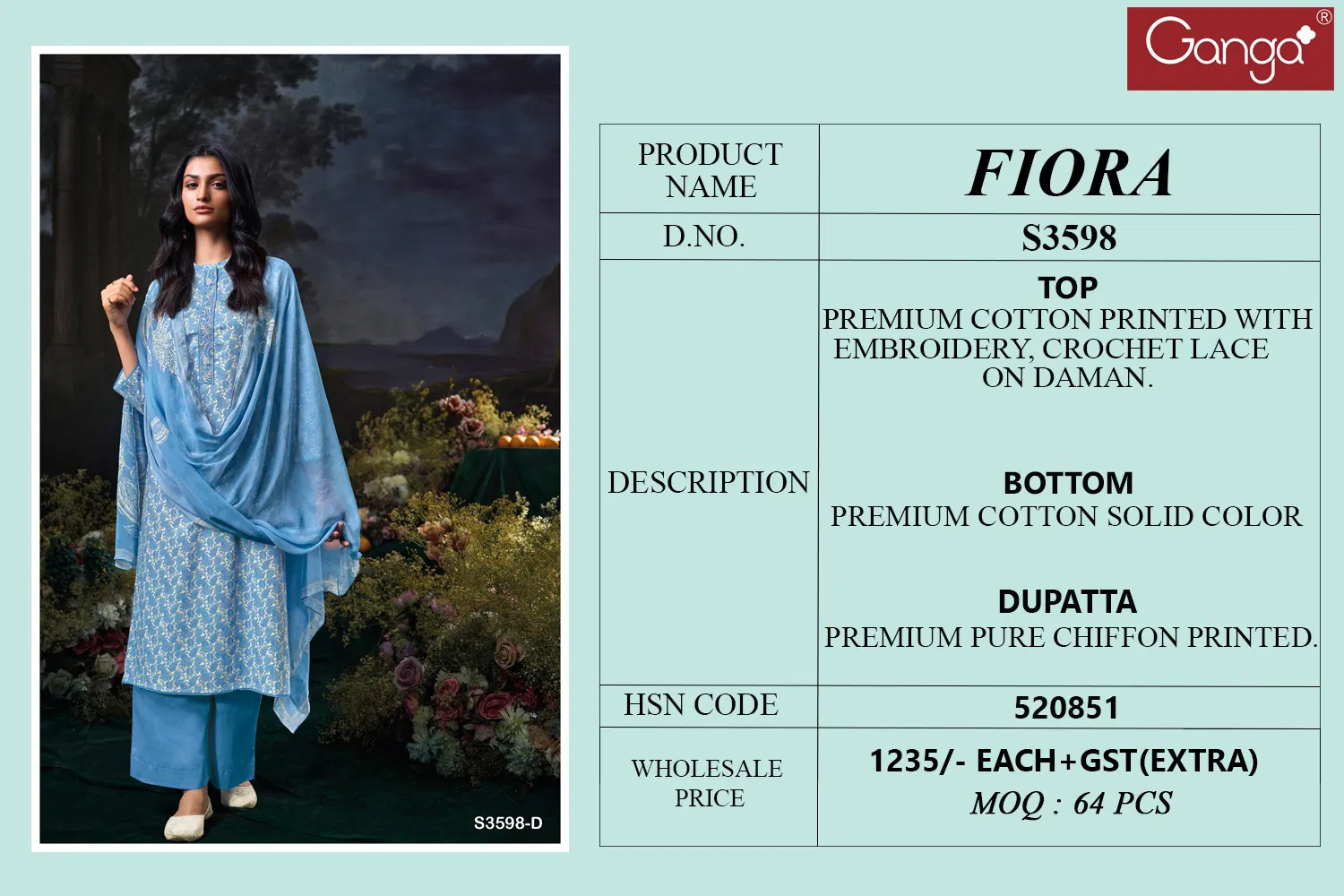 Fiora By Ganga Cotton Printed Embroidered Salwar Suit  Wholesale Suppliers In Mumbai